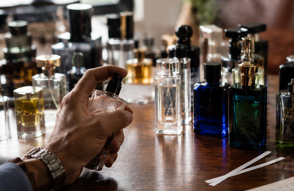 coleção de perfumes masculinos com fragrâncias clássicas e autorais