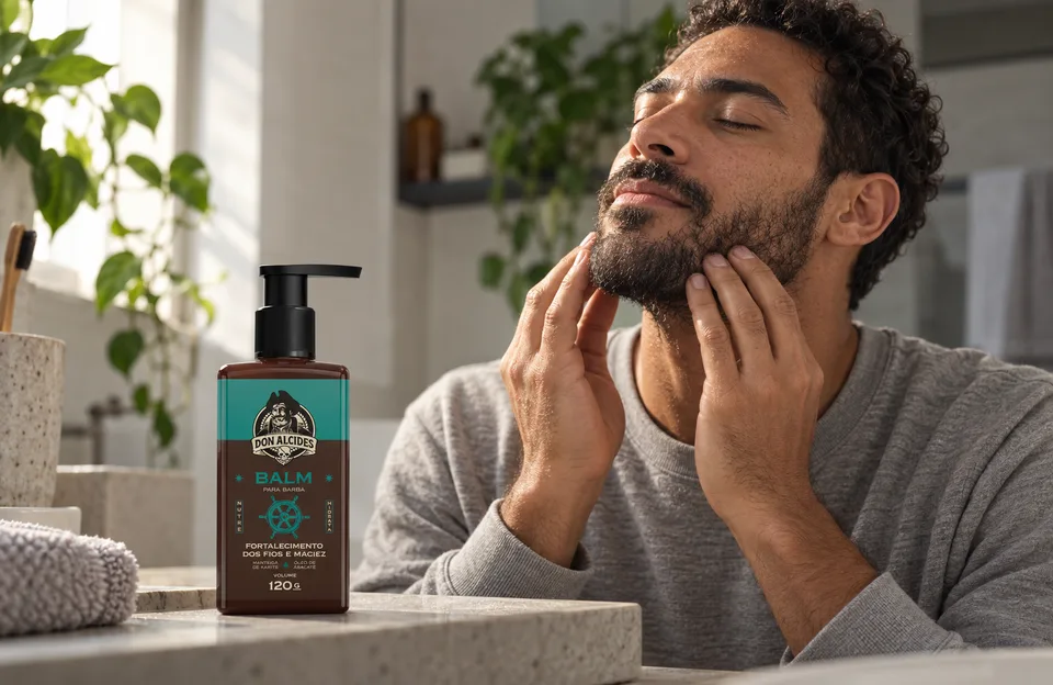 Acelerar o crescimento da barba: homem massageando a barba com o balm para barba Don Alcides Calico Jack na bancada