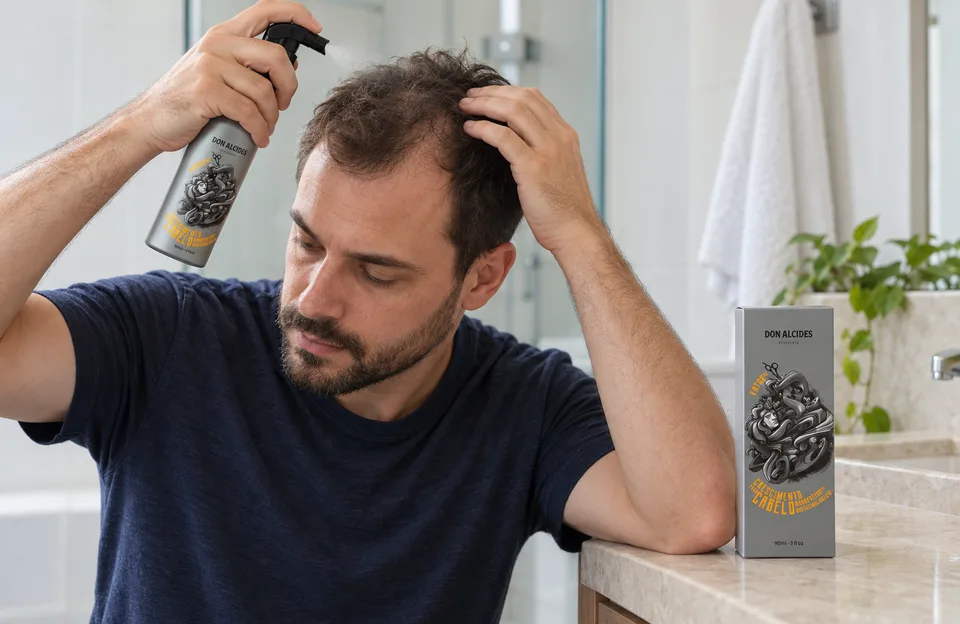 Acelerar o crescimento do cabelo: homem aplicando no couro cabeludo o Fator de Crescimento para Cabelo Don Alcides