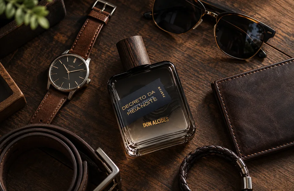 Acessórios masculinos: relógio, óculos de sol, carteira, cinto, pulseira e o perfume Don Alcides Decreto da Meia-Noite sobre madeira