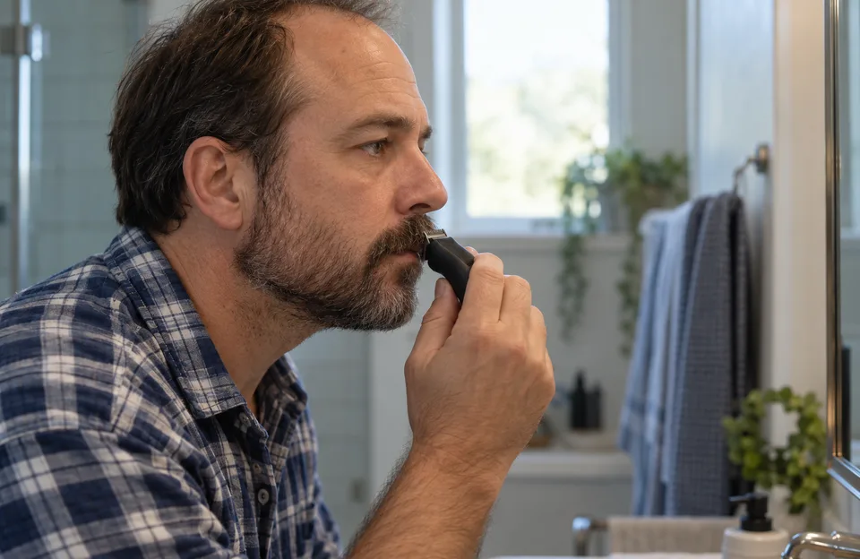 Aparar o bigode em casa: homem acertando a borda do bigode com uma maquininha aparadora no banheiro