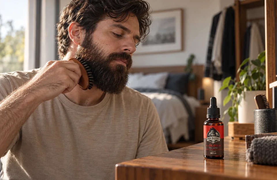 Aumentar o volume da barba: homem escovando a barba cheia com o óleo para barba Don Alcides Barba Negra no aparador