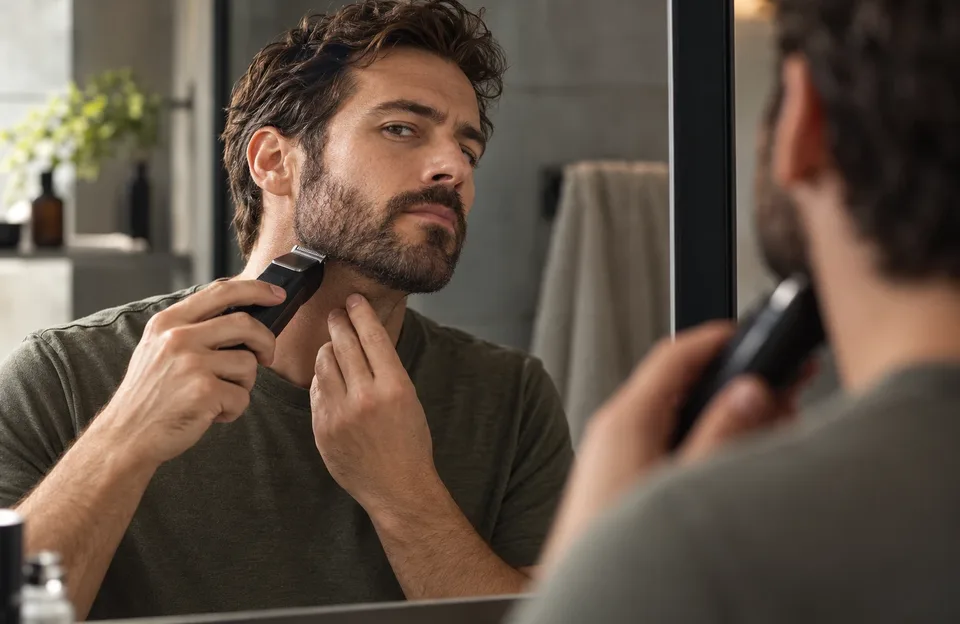 Barba curta sendo aparada com máquina no contorno do rosto, em frente ao espelho do banheiro