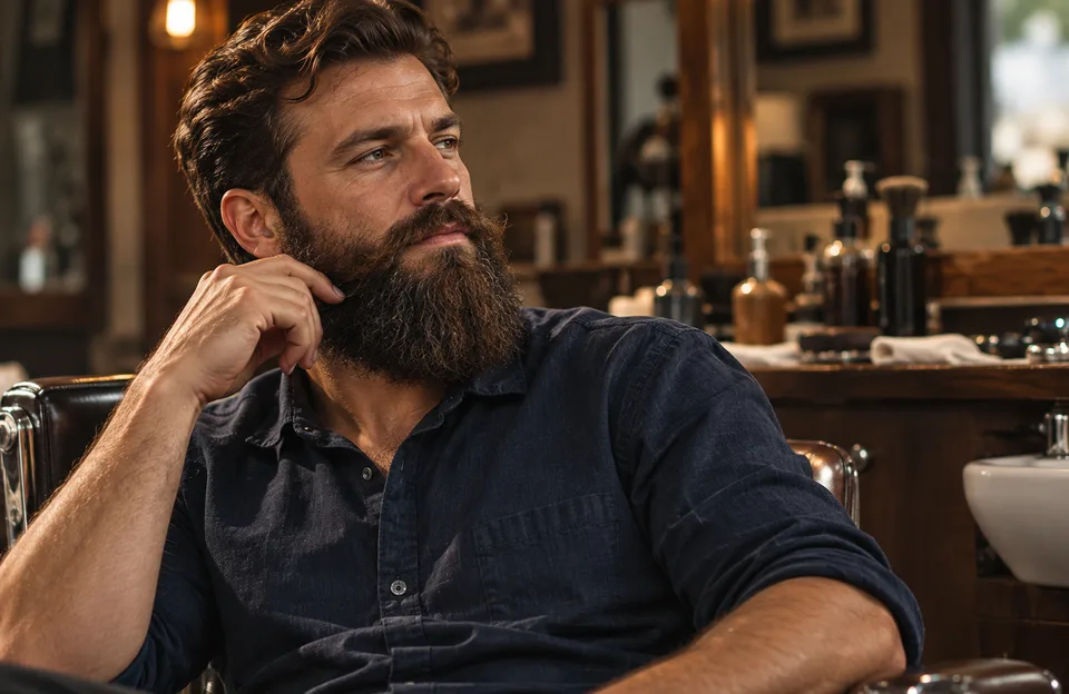 Barba de respeito: homem de barba cheia e longa, de camisa azul-marinho, sentado na cadeira de uma barbearia clássica