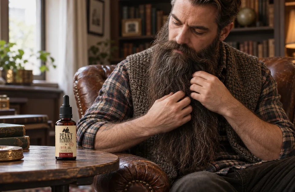 Barba grande: homem de barba muito longa espalhando óleo nos fios com o óleo para barba Don Alcides Peaky Blinders na mesinha