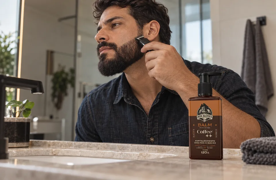 Barba perfeita: homem desenhando o contorno da barba com aparador e o balm para barba Don Alcides Coffee++ na bancada