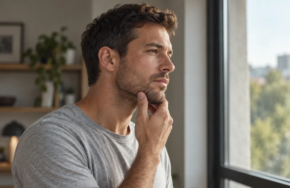 Barba por fazer de três dias num homem de camiseta cinza, de perfil, passando a mão no maxilar perto da janela