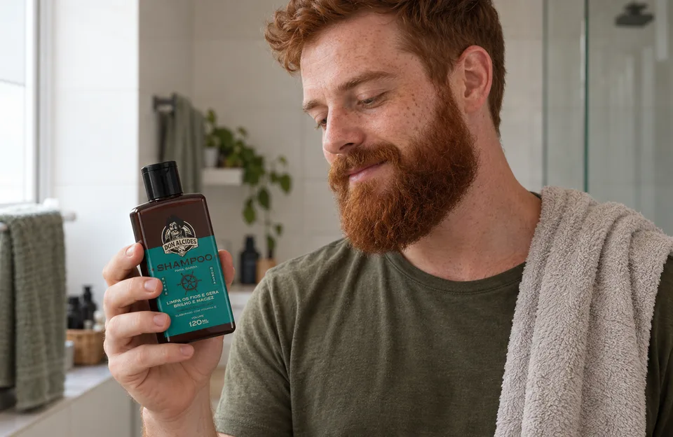 Barba ruiva: homem ruivo de barba cheia segurando o shampoo para barba Don Alcides Calico Jack no banheiro