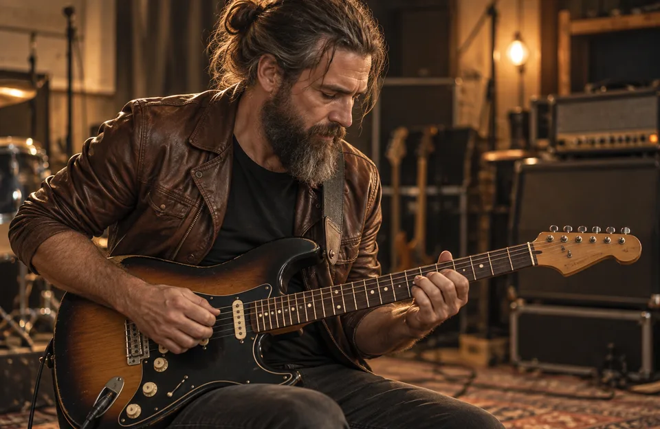 Barbas do rock: guitarrista de barba longa, coque e jaqueta de couro marrom tocando num estúdio de ensaio