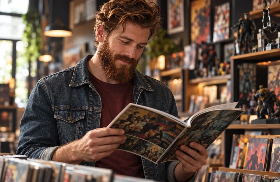 Barbas Marvel: homem de barba ruiva cheia folheando uma revista em quadrinhos numa loja de quadrinhos