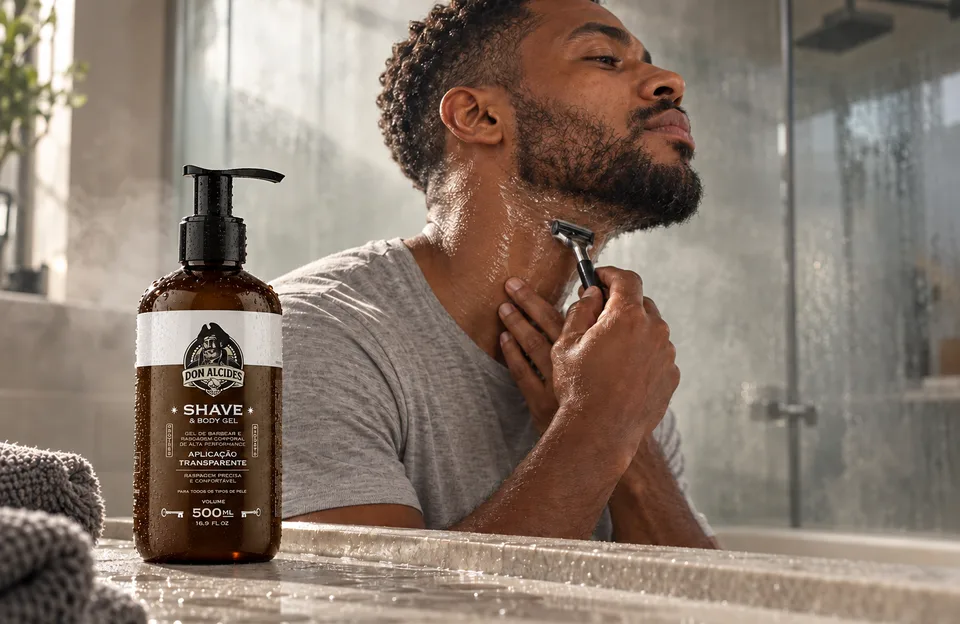 Barbear no banho com o Shave & Body Gel Don Alcides: homem barbeando o pescoço com gel transparente num banheiro com vapor