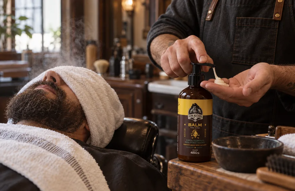 Barboterapia: cliente com toalha quente no rosto enquanto o barbeiro pega o balm para barba Don Alcides Lemon Bone 450 g