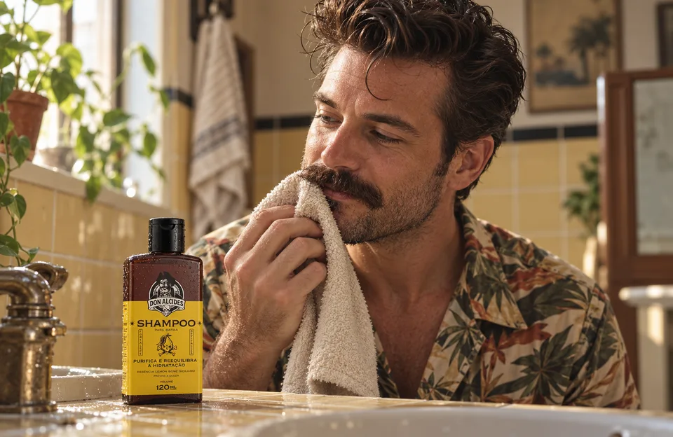 Beardstache: homem de bigode grosso e barba curta secando o bigode com o shampoo para barba Don Alcides Lemon Bone na pia