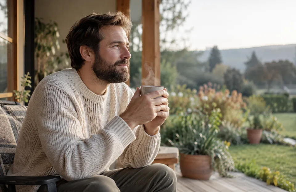 Benefícios do café: homem de barba tomando café na varanda de casa pela manhã