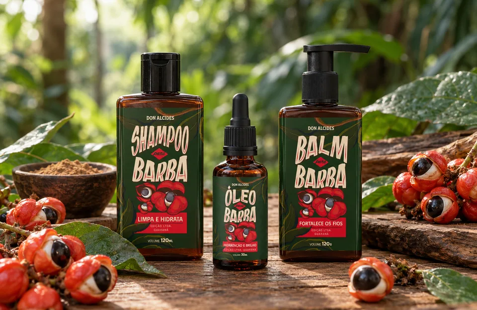 Benefícios do guaraná: Shampoo, Óleo e Balm para Barba Guaraná Don Alcides numa mesa de madeira com frutos de guaraná