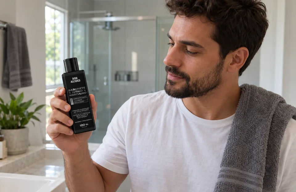 Benefícios do sabonete íntimo masculino: homem no banheiro segurando o Sabonete Íntimo Masculino Don Alcides