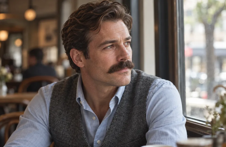 Bigode grosso: homem de bigode cheio e bem penteado olhando pela janela de um café