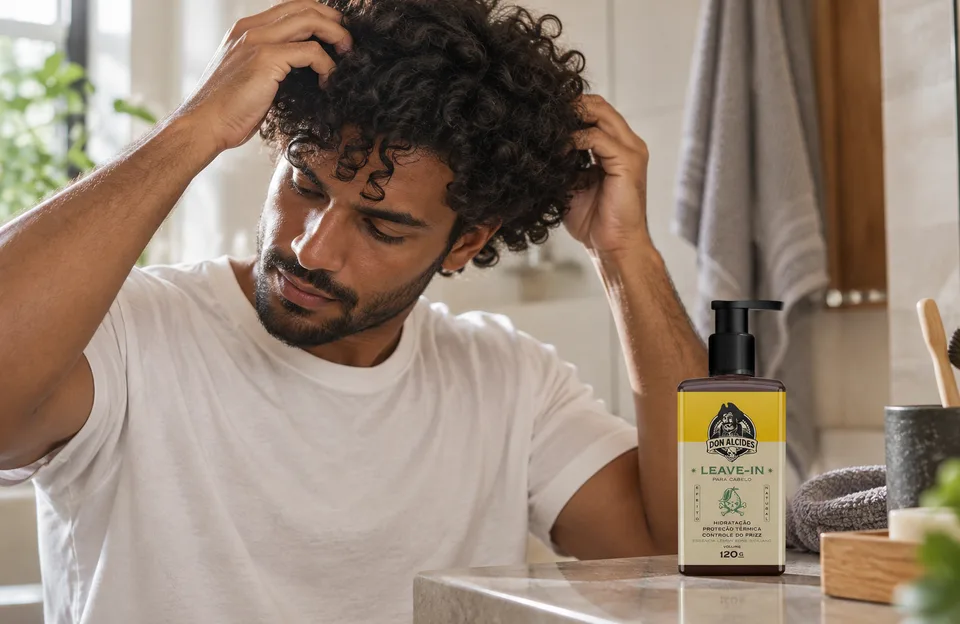 Cabelo cacheado masculino: homem de cabelo cacheado ajeitando os cachos com o leave-in Don Alcides Lemon Bone na bancada