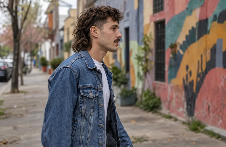 Cabelo mullet: homem com corte mullet moderno e jaqueta jeans andando numa rua com muros coloridos