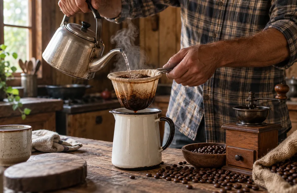 Café coado: mãos despejando água quente da chaleira no coador de pano sobre um bule numa cozinha rústica