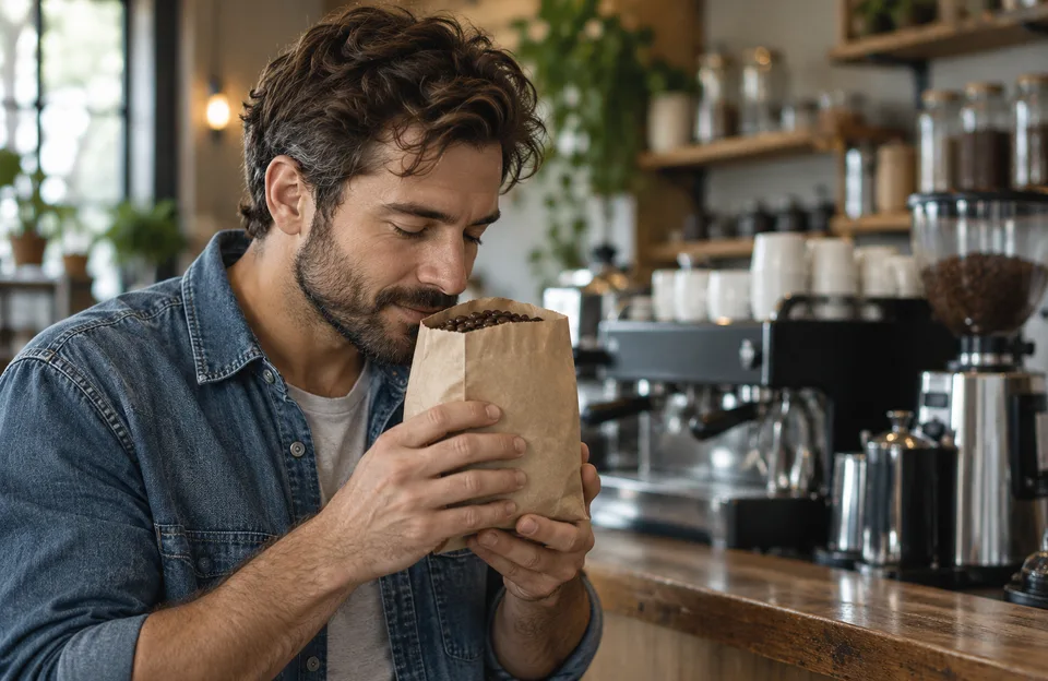 Café especial: homem cheirando grãos de café num saco de papel kraft numa cafeteria