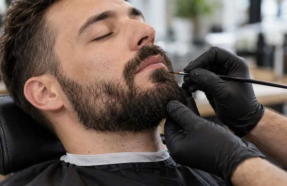 Camuflagem na barba: barbeiro de luvas aplicando pigmentação com pincel fino nas falhas da barba do cliente