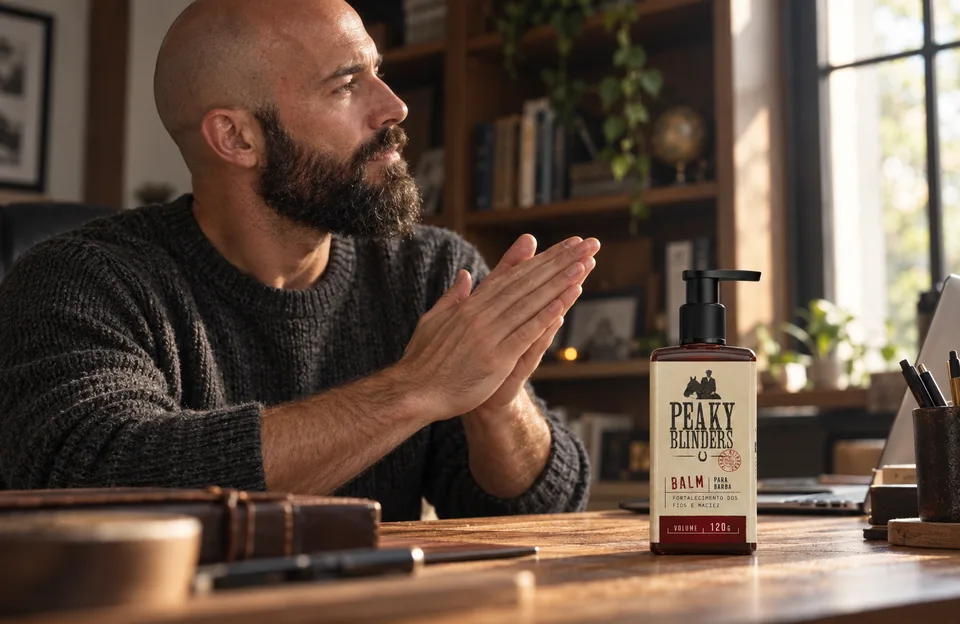 Careca com barba: homem careca de barba cheia espalhando balm nas mãos com o balm para barba Don Alcides Peaky Blinders na mesa