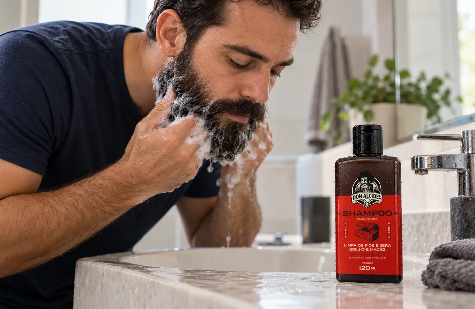 Caspa na barba: homem lavando a barba na pia com o shampoo para barba Don Alcides Barba Negra na bancada