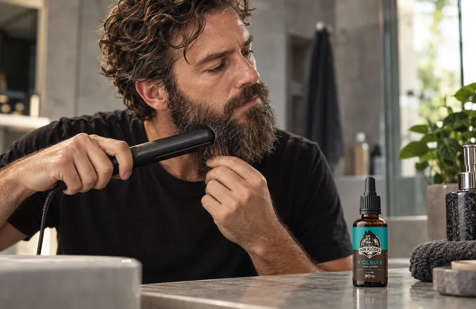 Chapinha na barba: homem de barba longa alisando os fios com mini chapinha e o óleo para barba Don Alcides Calico Jack na bancada
