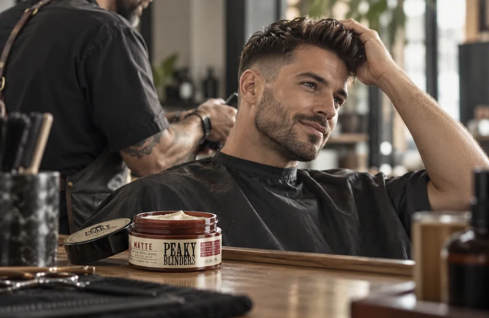 Combinar cabelo e barba: cliente satisfeito com corte e barba novos na barbearia, com a pasta Peaky Blinders Don Alcides na bancada
