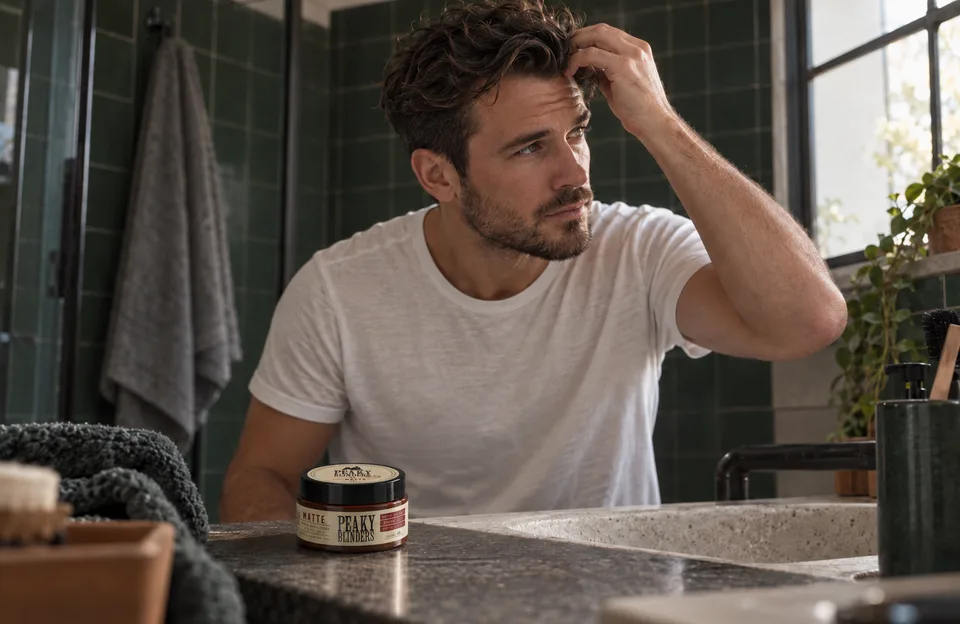 Como usar pomada para cabelo: homem ajeitando o cabelo com os dedos no banheiro, com a Pasta Matte Peaky Blinders Don Alcides na bancada