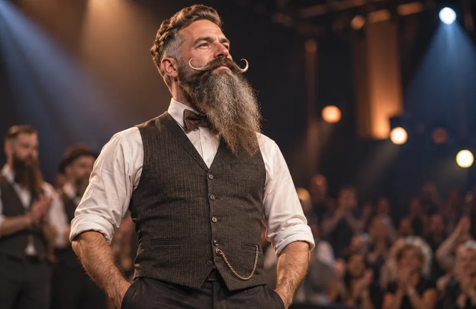 Concurso de barba e bigode: competidor de barba longa esculpida e bigode enrolado no palco
