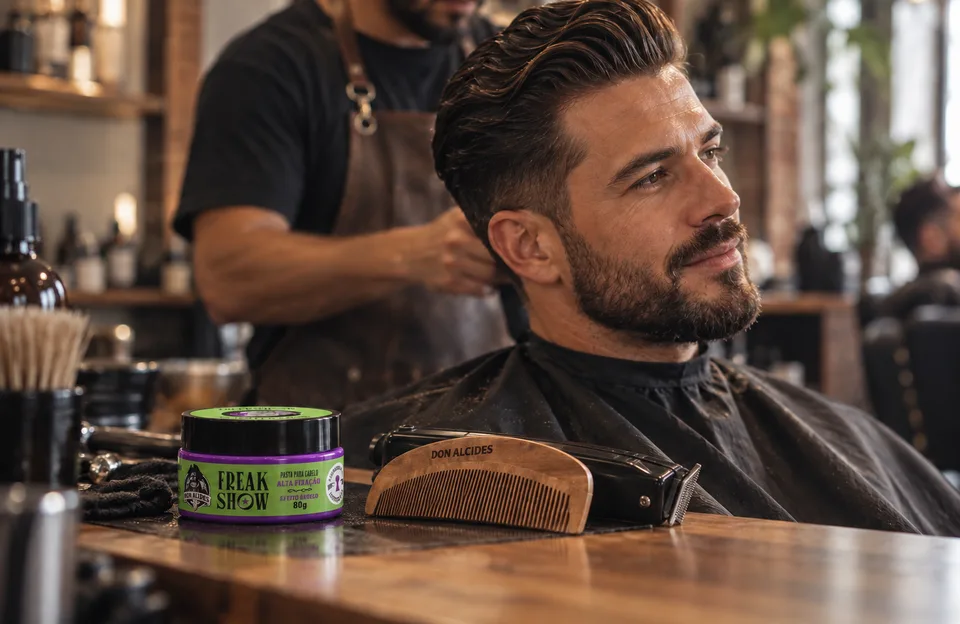 Corte pompadour: cliente com topete pompadour na cadeira da barbearia, com a Pasta Water Shine Freak Show, o pente Don Alcides e a máquina de cortar cabelo na bancada