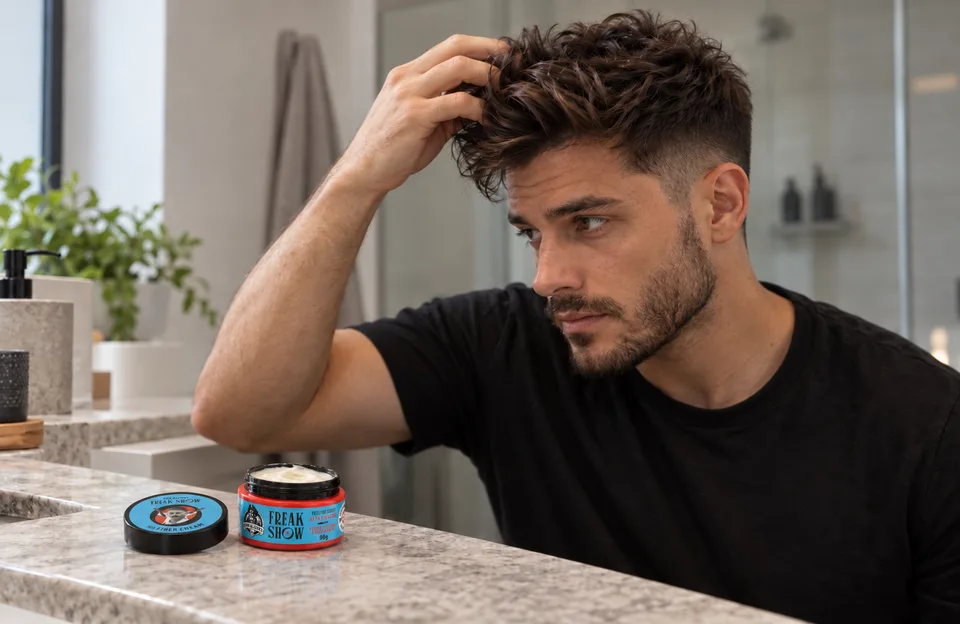 Cortes de cabelo masculino: homem modelando o cabelo texturizado com a pasta Fiber Cream Don Alcides Freak Show na bancada