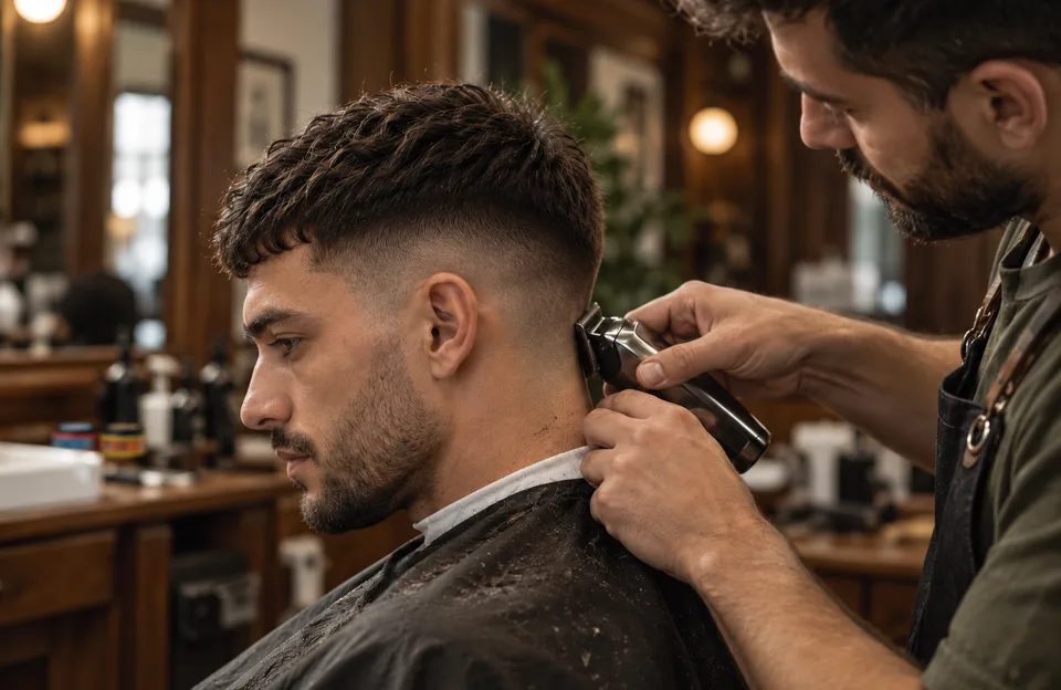 Cortes de cabelo masculino 2027: barbeiro finalizando um crop texturizado com degradê baixo