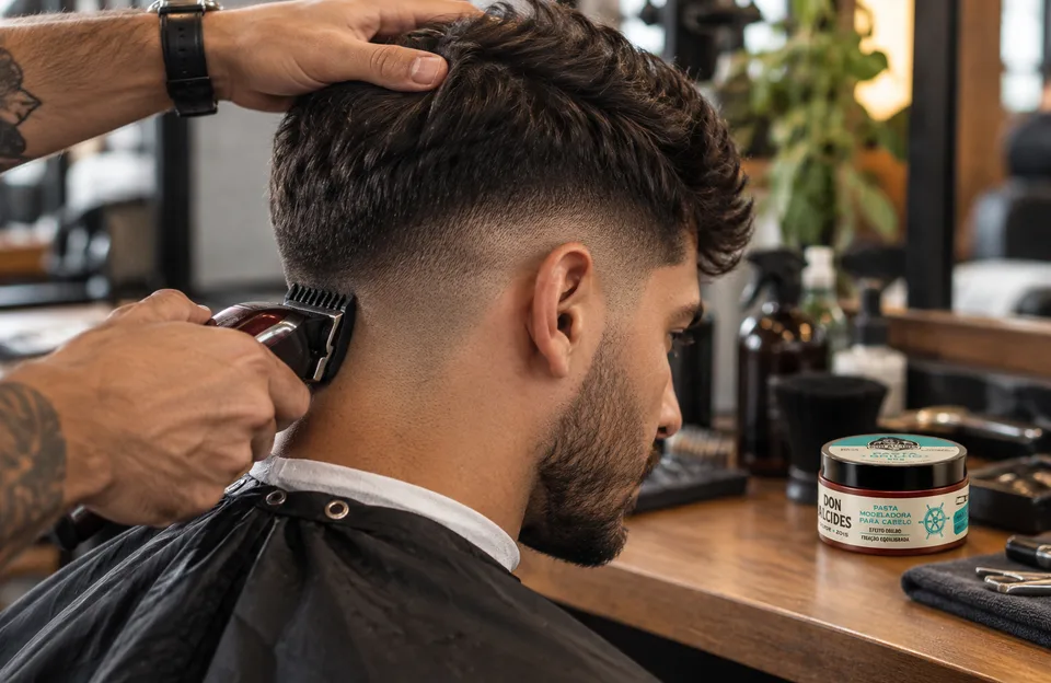 Cortes de cabelo masculino degradê: barbeiro fazendo o degradê na nuca do cliente com a pasta Brilho Don Alcides Calico Jack na bancada