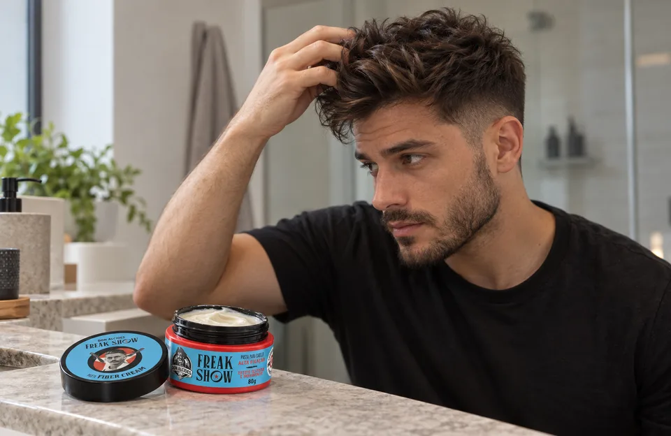 Cortes de cabelo masculino: homem modelando o cabelo texturizado com a pasta Fiber Cream Don Alcides Freak Show na bancada