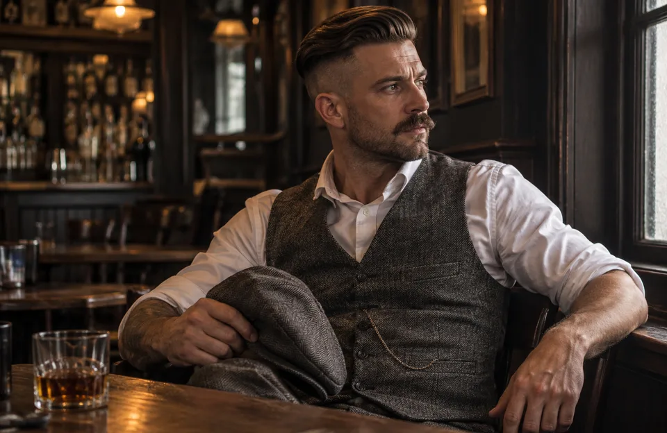 Cortes de cabelo Peaky Blinders: homem com corte undercut dos anos 1920, colete de tweed e boina na mão num pub antigo