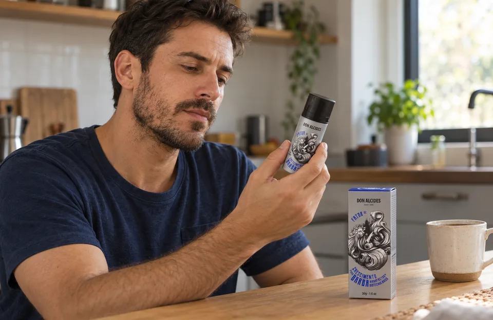 Cosmecêuticos para crescimento de barba: homem à mesa do café lendo o rótulo do Fator de Crescimento para Barba Don Alcides, com a caixa ao lado