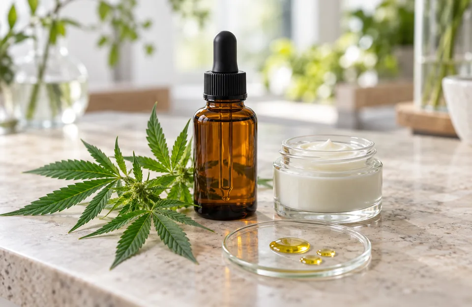 Cosmético de cannabis: frasco conta-gotas e pote de creme ao lado de folhas de cânhamo numa bancada clara