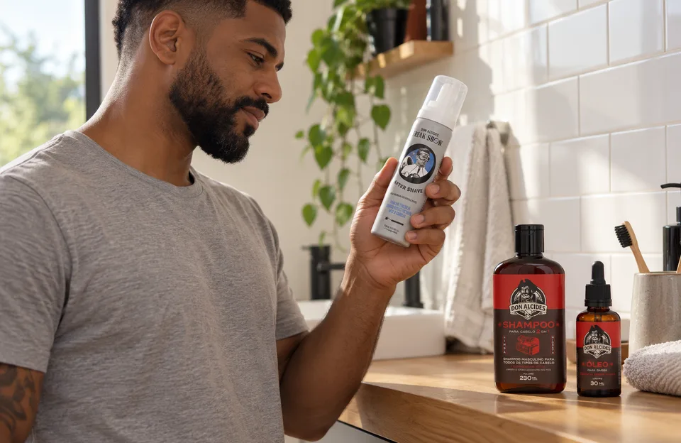 Cosmético masculino: homem lendo o rótulo do Pós-Barba Freak Show Don Alcides, com o Shampoo e o Óleo para Barba Barba Negra na bancada do banheiro