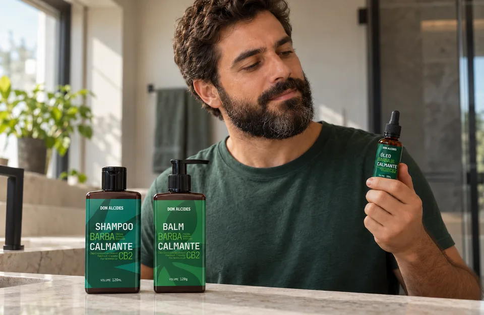 Cosméticos com óleo ozonizado: homem segurando o Óleo para Barba Calmante CB2 Ozonizado Don Alcides, com o Shampoo e o Balm CB2 na bancada