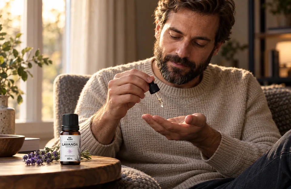 Cosméticos com óleos essenciais: homem pingando óleo na mão com o óleo essencial de lavanda Don Alcides na mesa