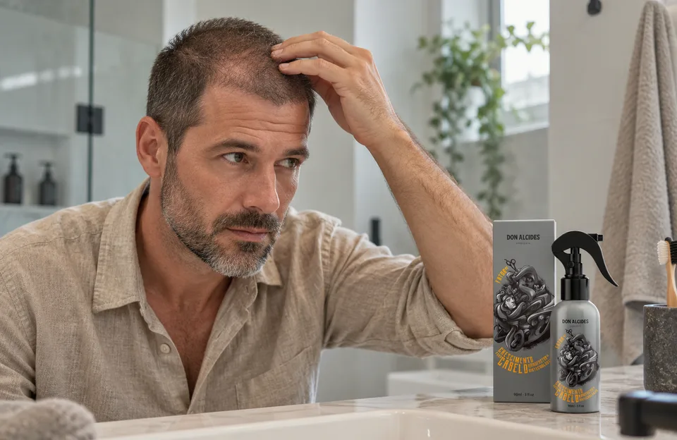 Cuidados após o transplante de cabelo: homem tocando com cuidado o topo da cabeça, com o Fator de Crescimento para Cabelo Don Alcides na bancada