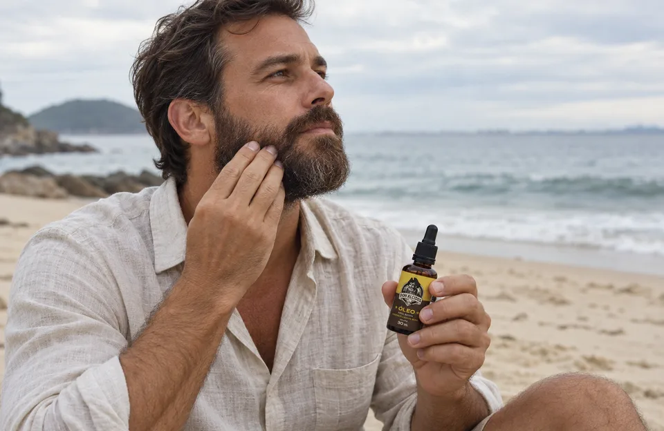 Cuidar da barba na praia: homem aplicando na barba o óleo para barba Don Alcides Lemon Bone sentado na areia
