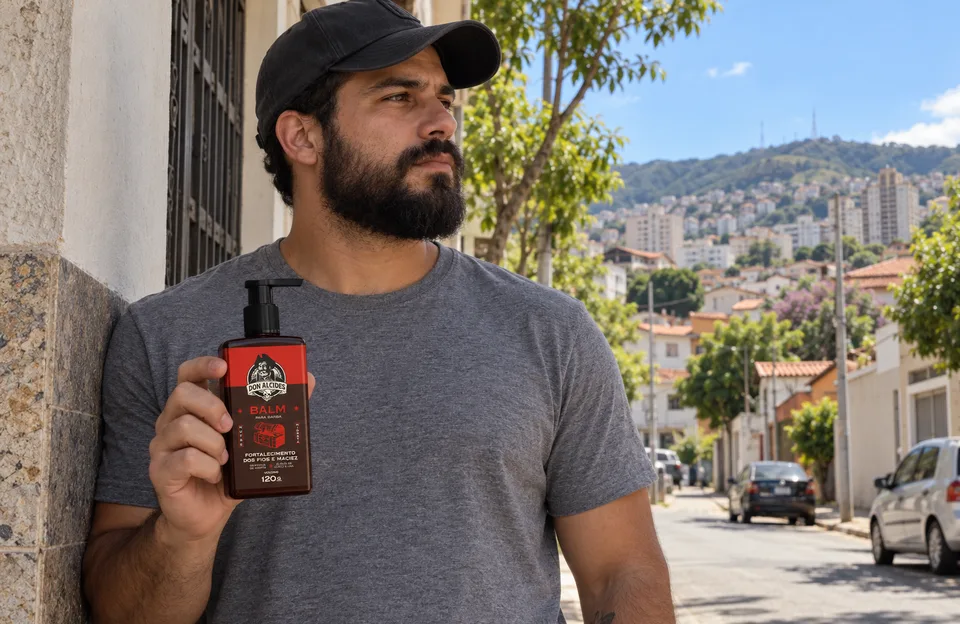 Cuidar da barba no clima seco: rapaz de barba cheia num dia de calor em Belo Horizonte segurando o Balm para Barba Barba Negra Don Alcides