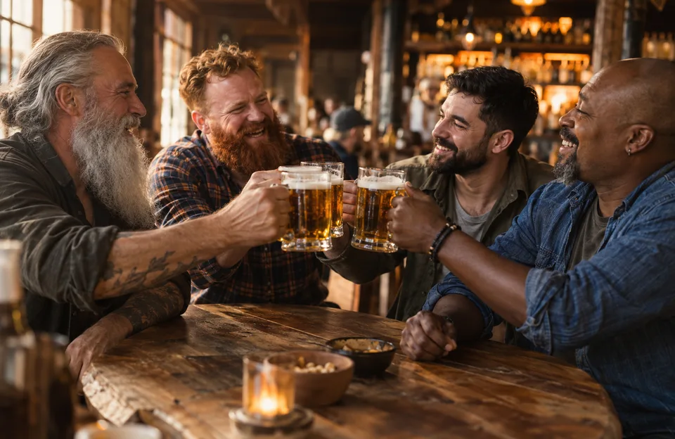 Dia Mundial da Barba: quatro amigos com estilos de barba diferentes brindando com chope num bar