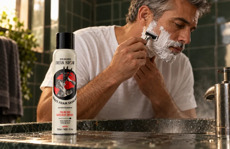 Dicas para barbear: homem grisalho fazendo a barba com espuma ao lado da espuma de barbear Don Alcides Freak Show