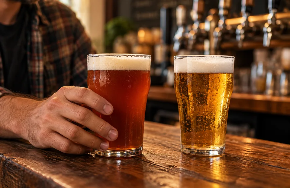 Diferença entre cerveja ale e lager: copo de cerveja âmbar ao lado de um copo de cerveja dourada no balcão de um bar