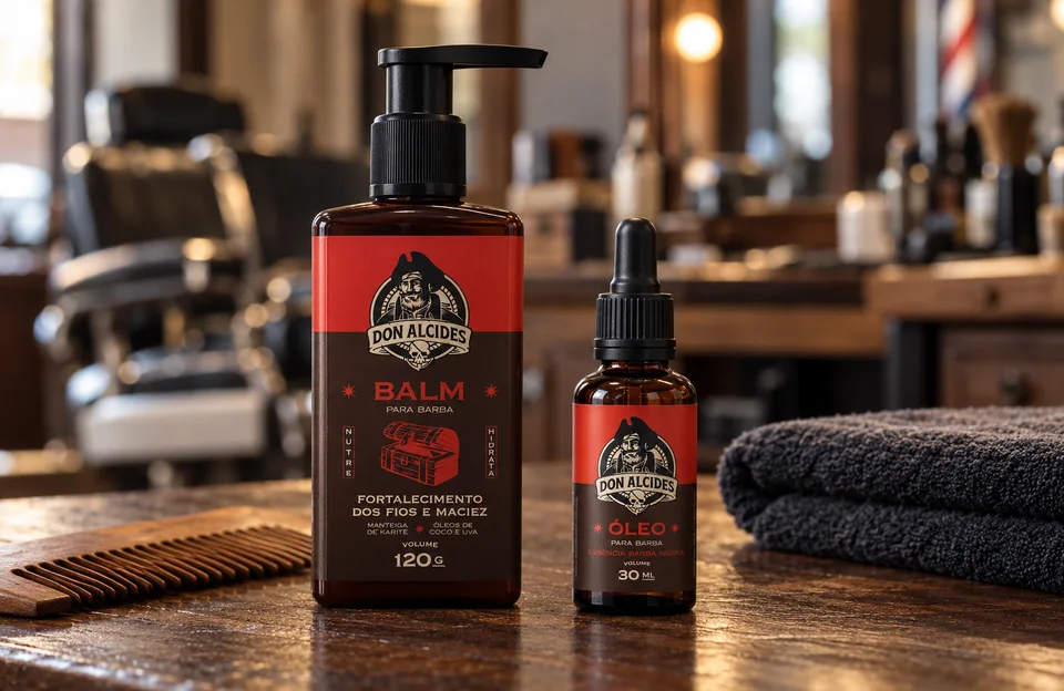 Diferenças entre balm e óleo para barba: Balm para Barba e Óleo para Barba Barba Negra Don Alcides lado a lado no balcão de uma barbearia